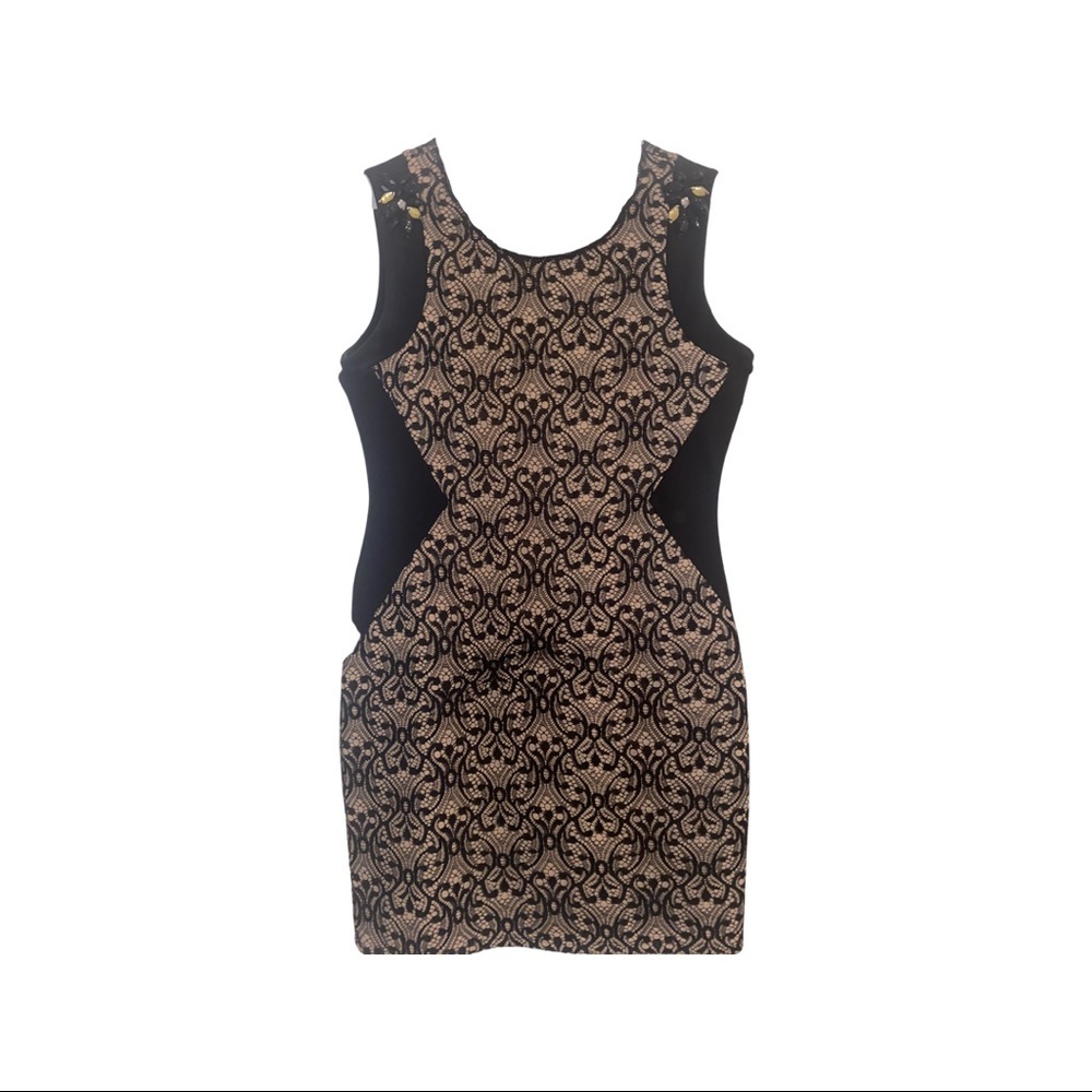 Gianni Bini Black and Tan lace like new dress with beaded detail - Picture 3 of 7